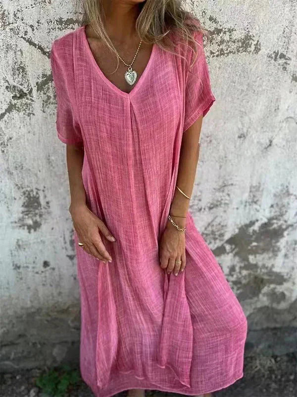 ⏳Begrenzte Zeit 50% Rabatt💥Lässiges Baumwoll-Leinen-Kleid mit V-Ausschnitt für Frauen