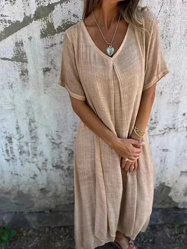 ⏳Begrenzte Zeit 50% Rabatt💥Lässiges Baumwoll-Leinen-Kleid mit V-Ausschnitt für Frauen