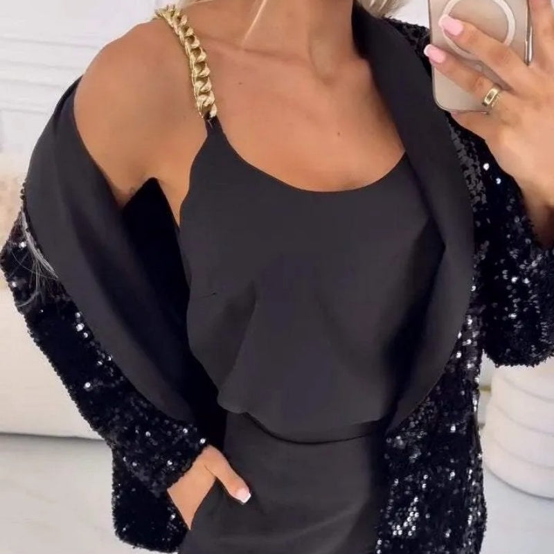 Langärmliger Blazer mit Pailletten und Taschen