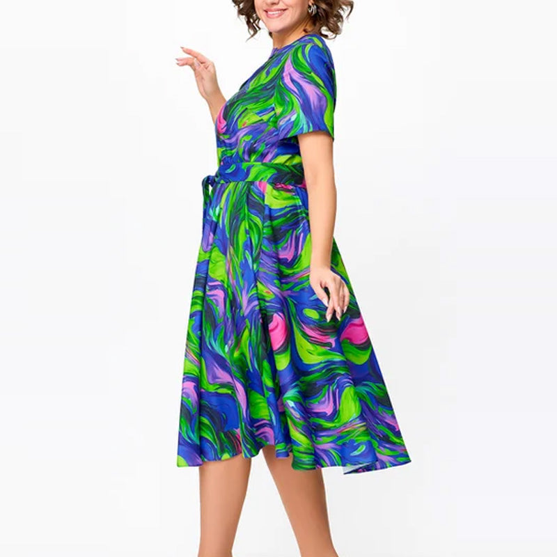 🌸Frühjahrsangebote💐👗Damen kurzärmeliges, tailliertes, bedrucktes Midikleid