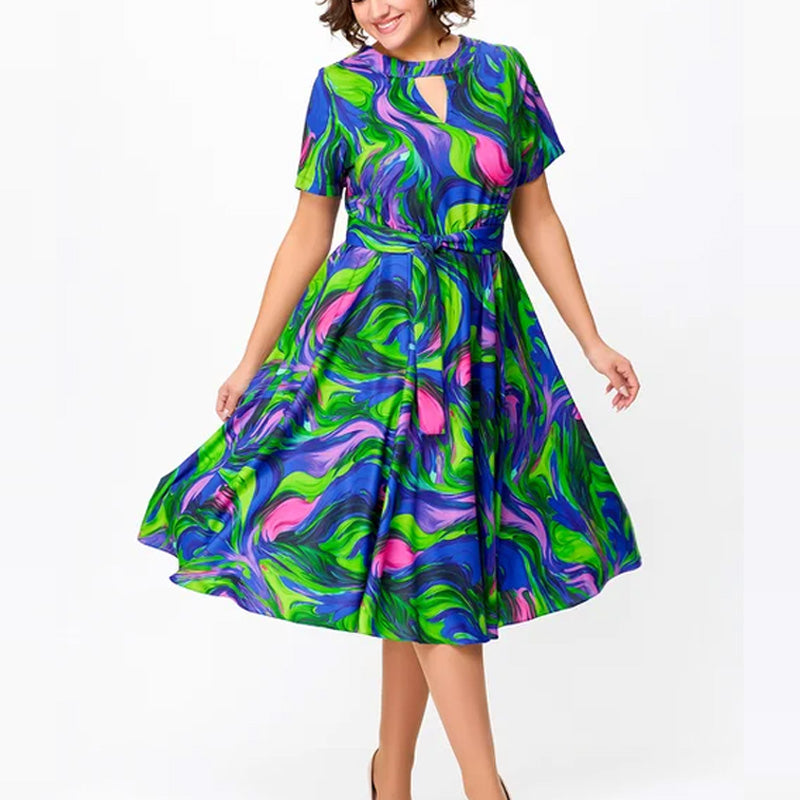 🌸Frühjahrsangebote💐👗Damen kurzärmeliges, tailliertes, bedrucktes Midikleid