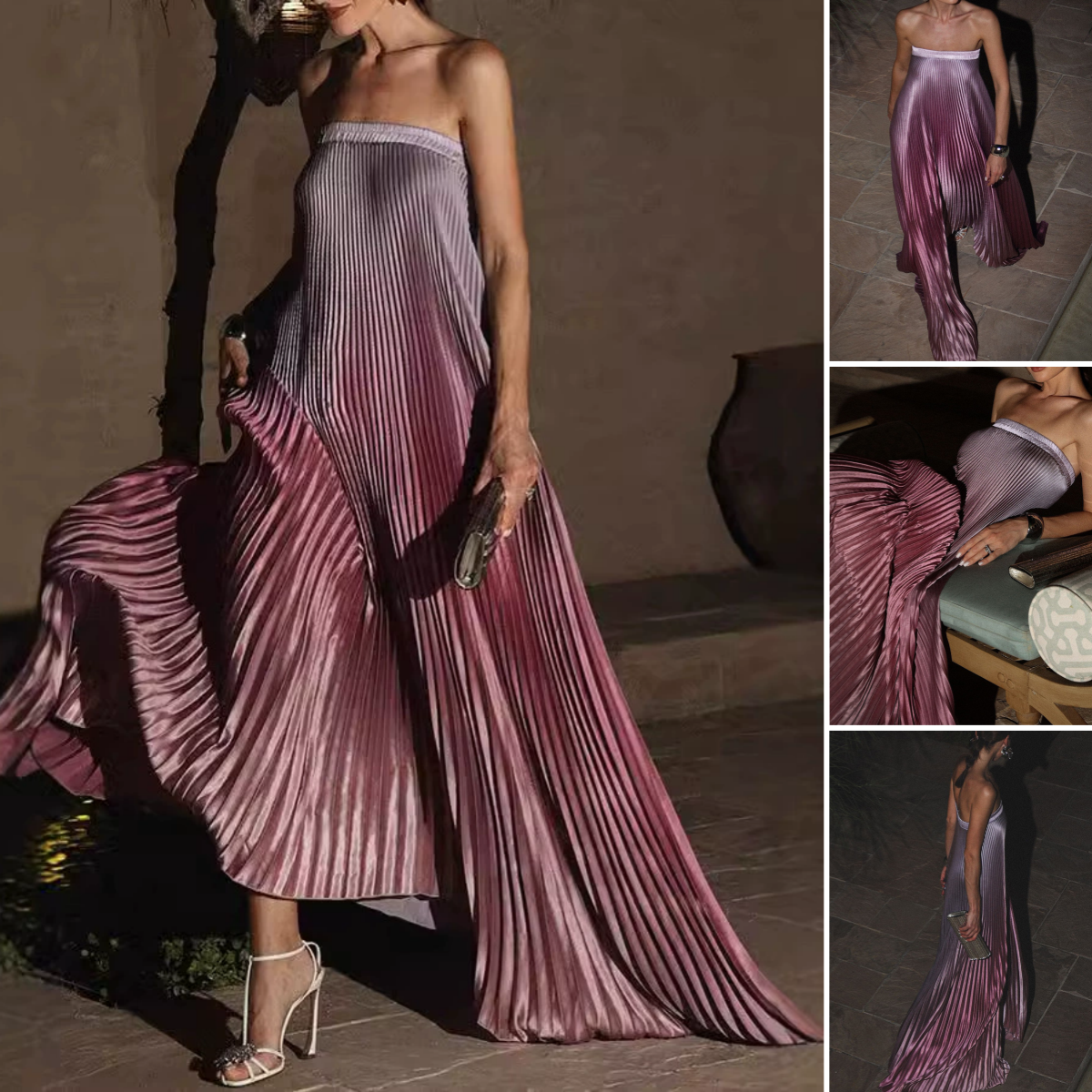 đTrĂ€gerloses Abendkleid mit Farbverlauf und Plisseefalten