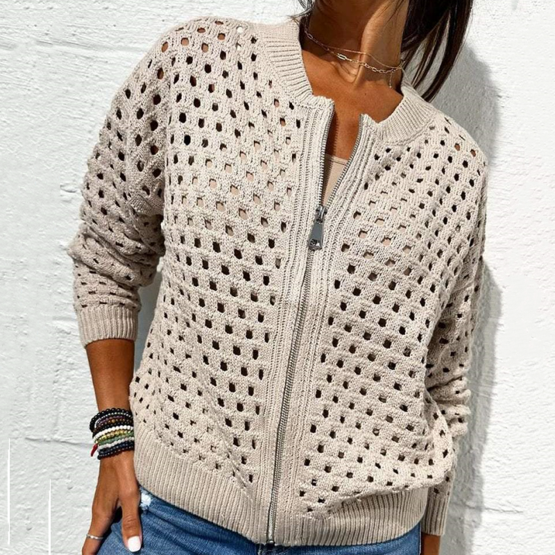 Lässige Damen Strickjacke mit Reißverschluss und hohlem Design