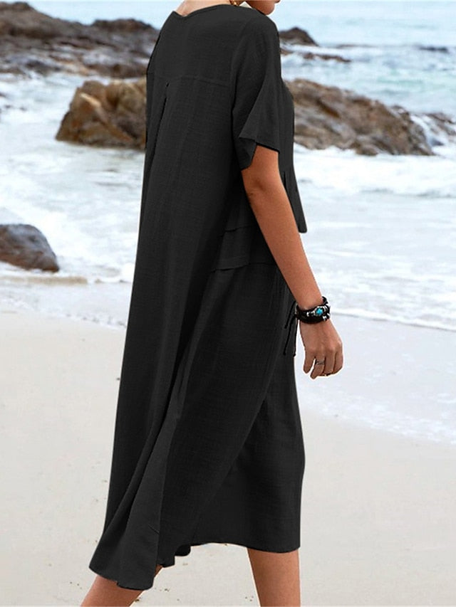 💕Damen Rundhalsausschnitt Baumwolle Leinen Midikleid