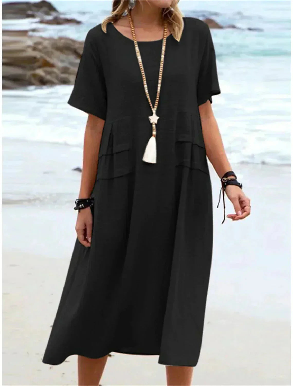 💕Damen Rundhalsausschnitt Baumwolle Leinen Midikleid