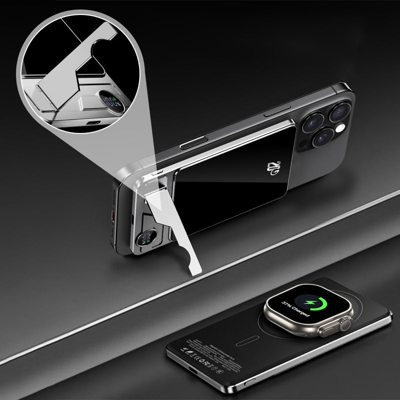 Ultradünne Schnellladebatterie mit integrierter Halterung, Magnetband, kabelloser externer Batterie, mobiler Stromversorgung