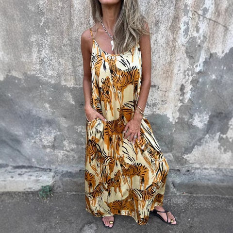 Bedrucktes rückenfreies Kleid mit Spaghetti-Trägern