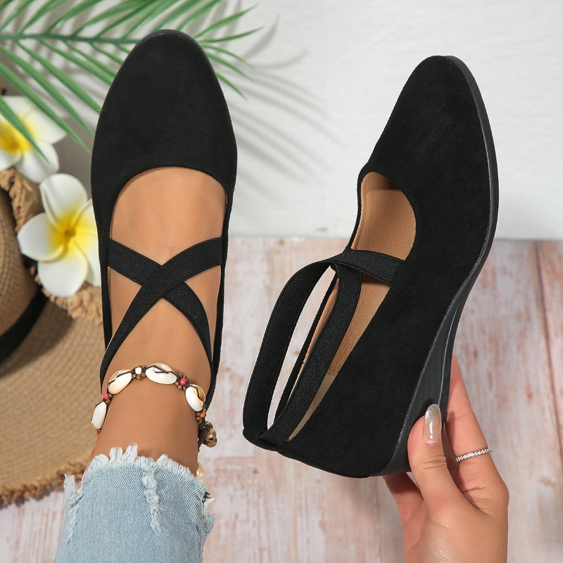 🔥Hot Sale🔥Elegante solide Farbe Elastische Riemen Niedrige Keilschuhe