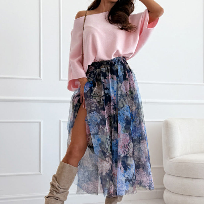 Damen-Set: Lockeres Off-Shoulder-Oberteil & gedruckter Mesh-Rock