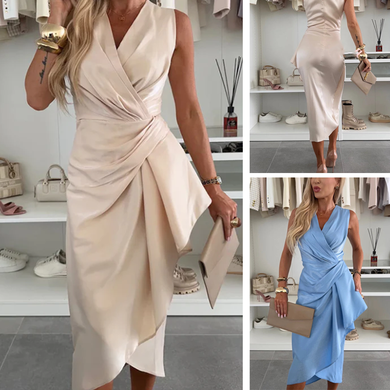 ⏳Begrenzte Zeit 50% Rabatt💥Satin-Midikleid mit V-Ausschnitt und Rüschen und unregelmäßigem Rüschensaum
