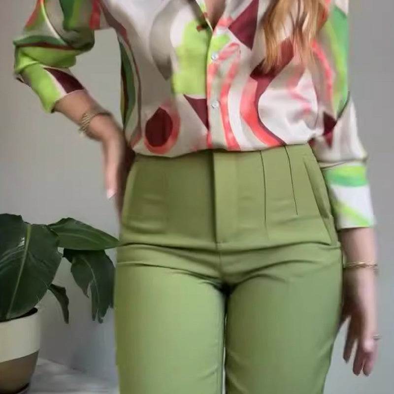 🔥🌸2-teiliges Set aus bedrucktem Hemd und Hose mit Knöpfen für Damen