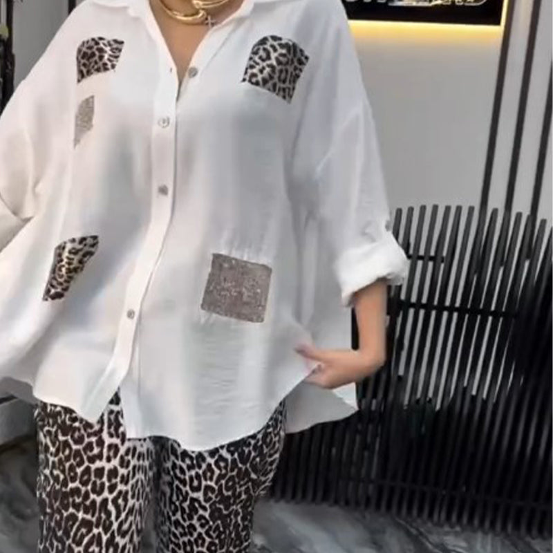 Damen lässiges, modisches zweiteiliges Set mit Leopardenmuster