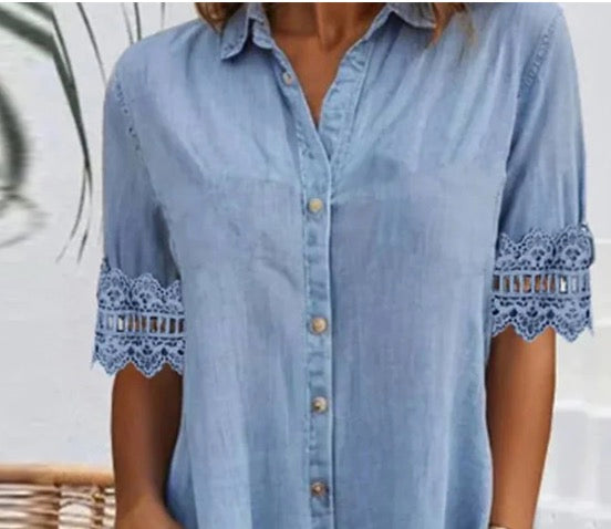 🎁Zeitlich begrenztes Angebot⏳Blaues, schlichtes Minikleid aus Denim mit Kragen und Spitzenbesatz