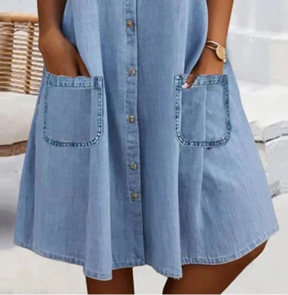 🎁Zeitlich begrenztes Angebot⏳Blaues, schlichtes Minikleid aus Denim mit Kragen und Spitzenbesatz