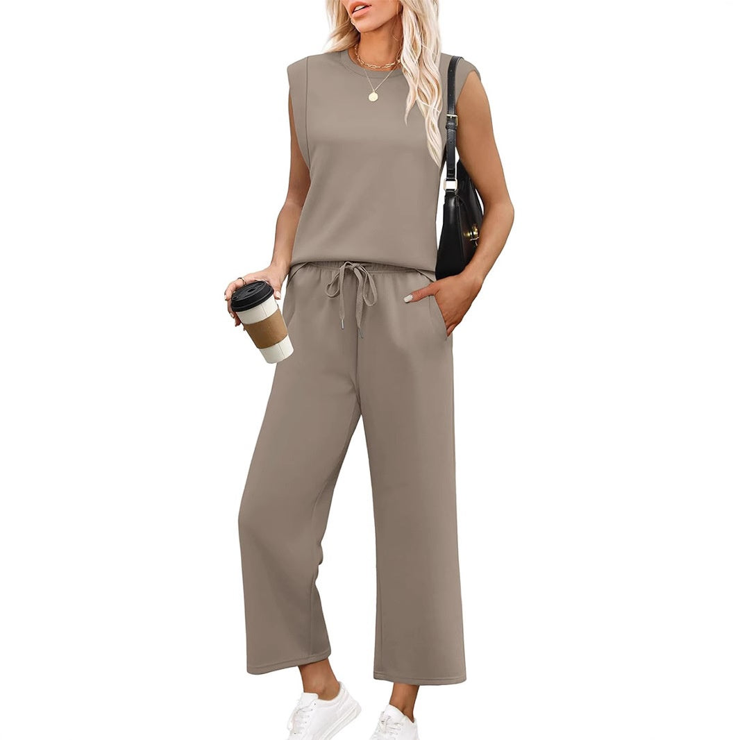 🌺2025 Neu eingetroffen - 50% OFF🌺2025 Neue Frauen Casual Cap Sleeve Top Wide Leg Crop Pants Zweiteilige Sets