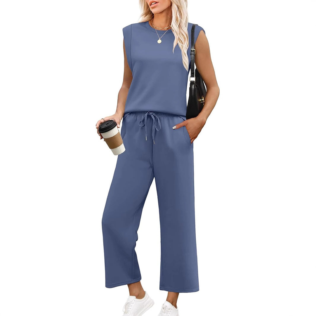 🌺2025 Neu eingetroffen - 50% OFF🌺2025 Neue Frauen Casual Cap Sleeve Top Wide Leg Crop Pants Zweiteilige Sets