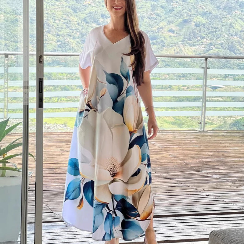 Damen lockeres Freizeitkleid mit V-Ausschnitt, Druck und kurzen Ärmeln
