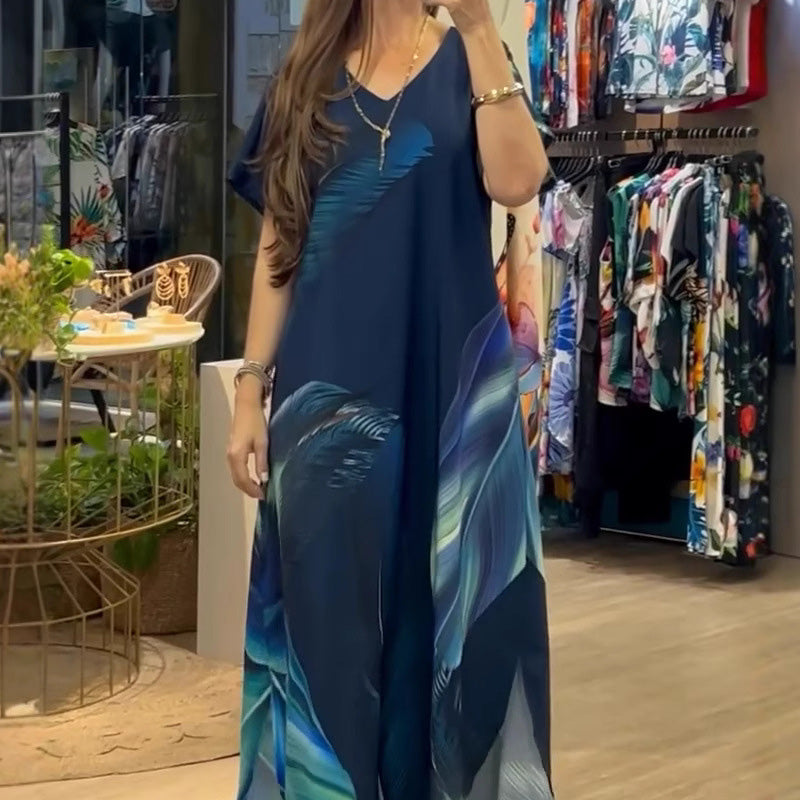Damen lockeres Freizeitkleid mit V-Ausschnitt, Druck und kurzen Ärmeln