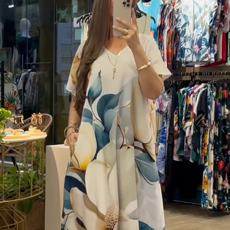 Damen lockeres Freizeitkleid mit V-Ausschnitt, Druck und kurzen Ärmeln