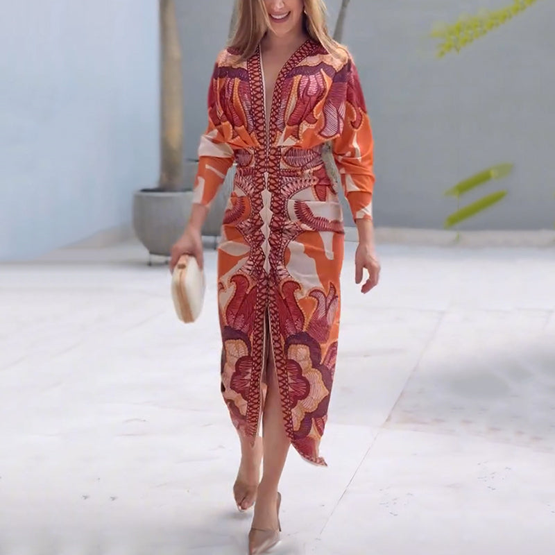 🌸💐Elegantes, figurbetontes Kleid mit V-Ausschnitt und Print für Damen💥💥Befristetes Angebot: 50% Rabatt auf Bestellungen