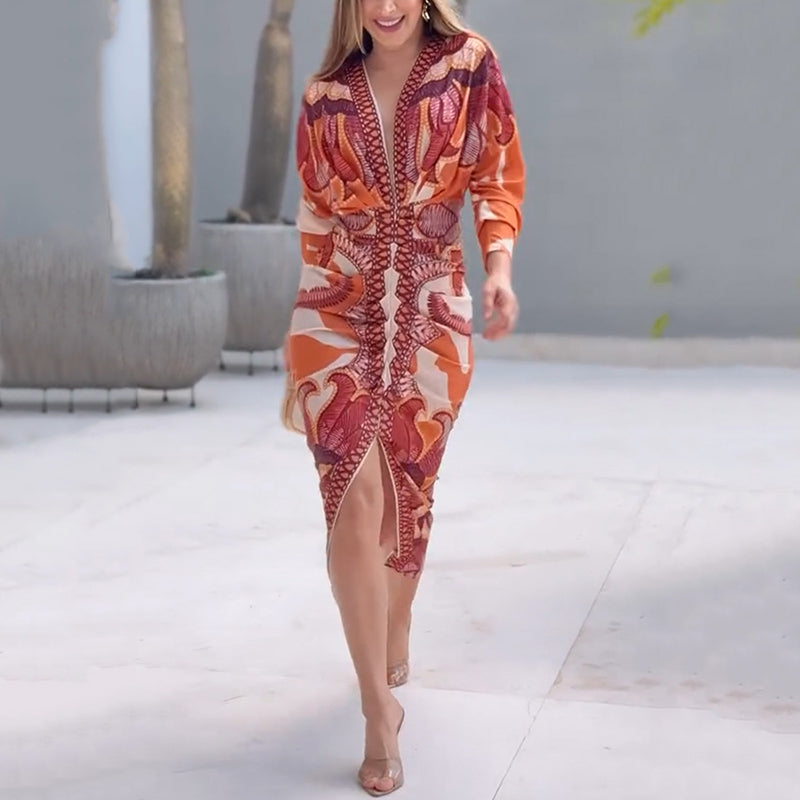 🌸💐Elegantes, figurbetontes Kleid mit V-Ausschnitt und Print für Damen💥💥Befristetes Angebot: 50% Rabatt auf Bestellungen