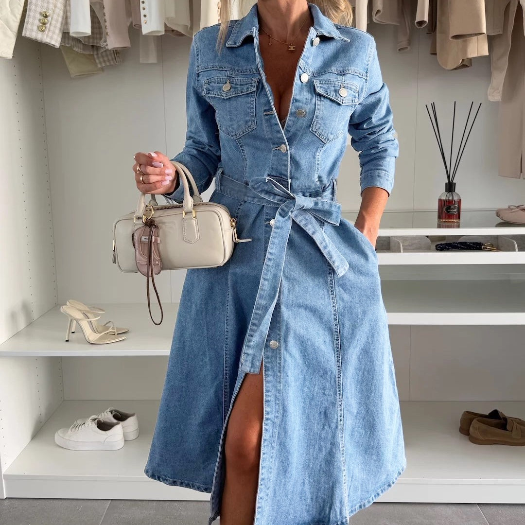 🔥 LETZTER TAG VERKAUF 49% RABATT🔥👗Damen-Jeanskleid mit Knopfleiste und langen Ärmeln