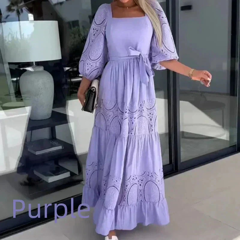 Trendiges, langes Patchwork-Kleid mit Taillengürtel und quadratischem Ausschnitt für Damen