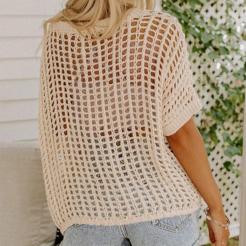 🎁2025 Neuer heißer Verkauf🌈Damen lässig Kurzarm hohl aus Pullover stricken Tops