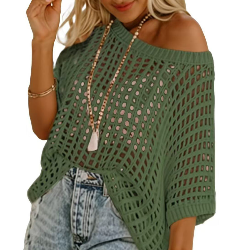 🎁2025 Neuer heißer Verkauf🌈Damen lässig Kurzarm hohl aus Pullover stricken Tops