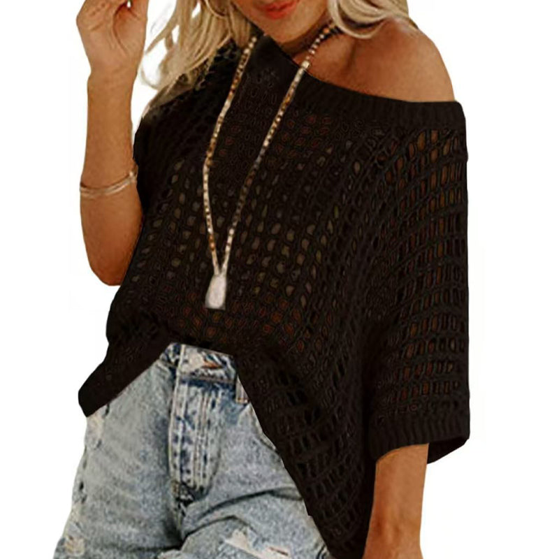 🎁2025 Neuer heißer Verkauf🌈Damen lässig Kurzarm hohl aus Pullover stricken Tops