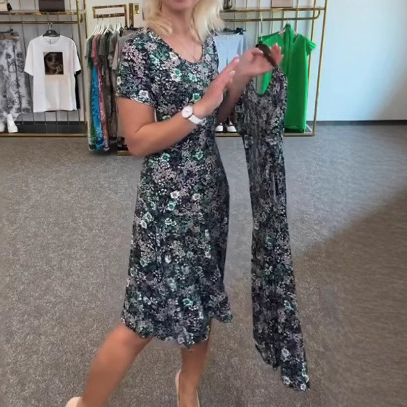 đžđLĂ€ssiges Damenkleid mit U-Ausschnitt und Blumenmuster