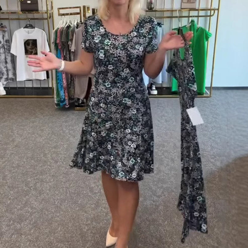 đžđLĂ€ssiges Damenkleid mit U-Ausschnitt und Blumenmuster