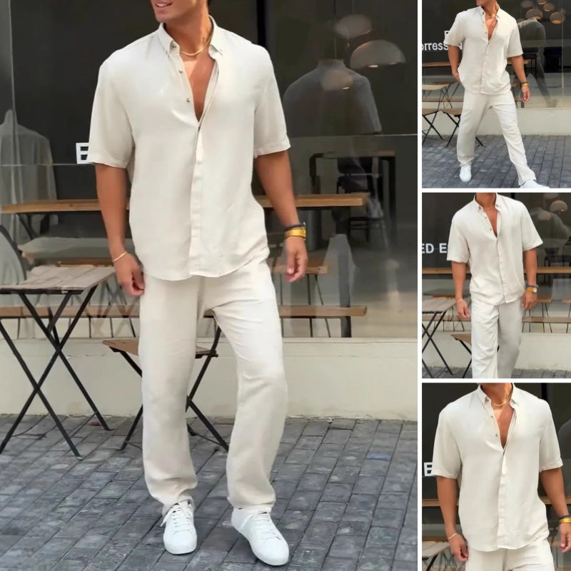 ✨Heißer Verkauf 50 % Rabatt✨Herren-Kurzarmhemden mit einfarbigem Revers & Hosen-2-teiliges Set👔