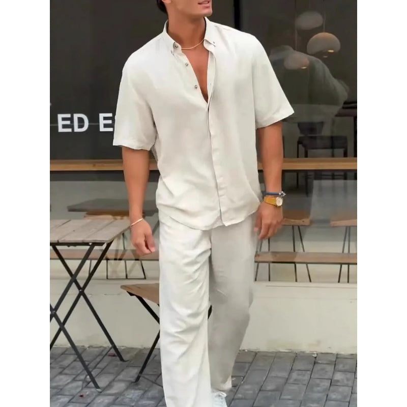 ✨Heißer Verkauf 50 % Rabatt✨Herren-Kurzarmhemden mit einfarbigem Revers & Hosen-2-teiliges Set👔