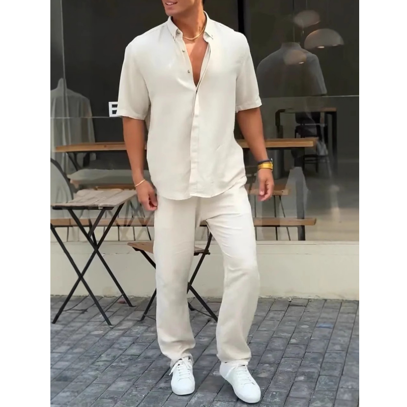✨Heißer Verkauf 50 % Rabatt✨Herren-Kurzarmhemden mit einfarbigem Revers & Hosen-2-teiliges Set👔