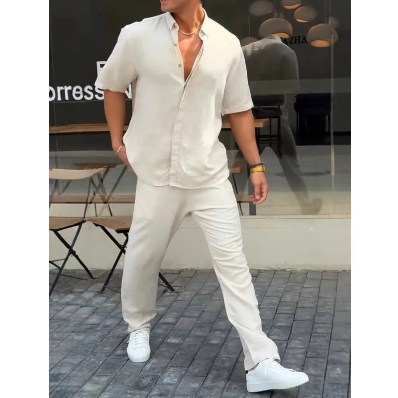 ✨Heißer Verkauf 50 % Rabatt✨Herren-Kurzarmhemden mit einfarbigem Revers & Hosen-2-teiliges Set👔