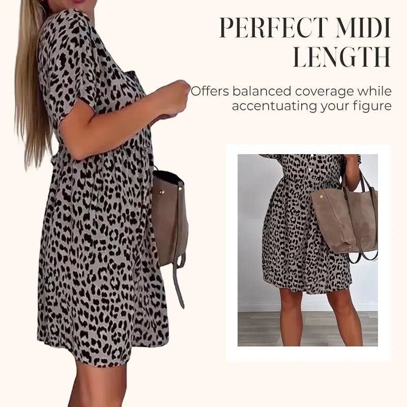👗Damen V-Ausschnitt Kurzarmkleid –🎨 Atmungsaktives Baumwollgemisch, 🛒Leoparden-/Blumenprint, Vielseitig für Alltag & Freizeit