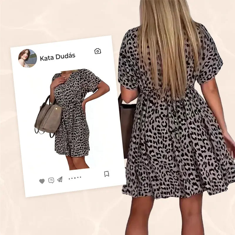 👗Damen V-Ausschnitt Kurzarmkleid –🎨 Atmungsaktives Baumwollgemisch, 🛒Leoparden-/Blumenprint, Vielseitig für Alltag & Freizeit