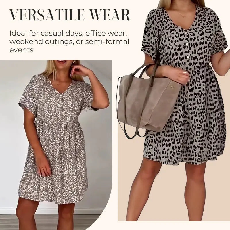 👗Damen V-Ausschnitt Kurzarmkleid –🎨 Atmungsaktives Baumwollgemisch, 🛒Leoparden-/Blumenprint, Vielseitig für Alltag & Freizeit