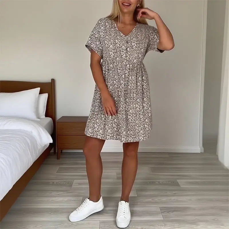 👗Damen V-Ausschnitt Kurzarmkleid –🎨 Atmungsaktives Baumwollgemisch, 🛒Leoparden-/Blumenprint, Vielseitig für Alltag & Freizeit