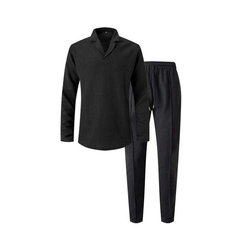 🎊Schickes Herren-Set aus Baumwolle, bestehend aus einem Hemd mit Kragen und einer Hose mit Kordelzug