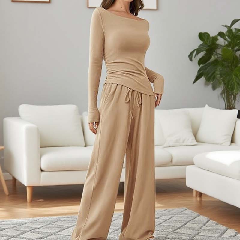 Asymmetrisches Langarmshirt & Hose mit weitem Bein – Zweiteiler