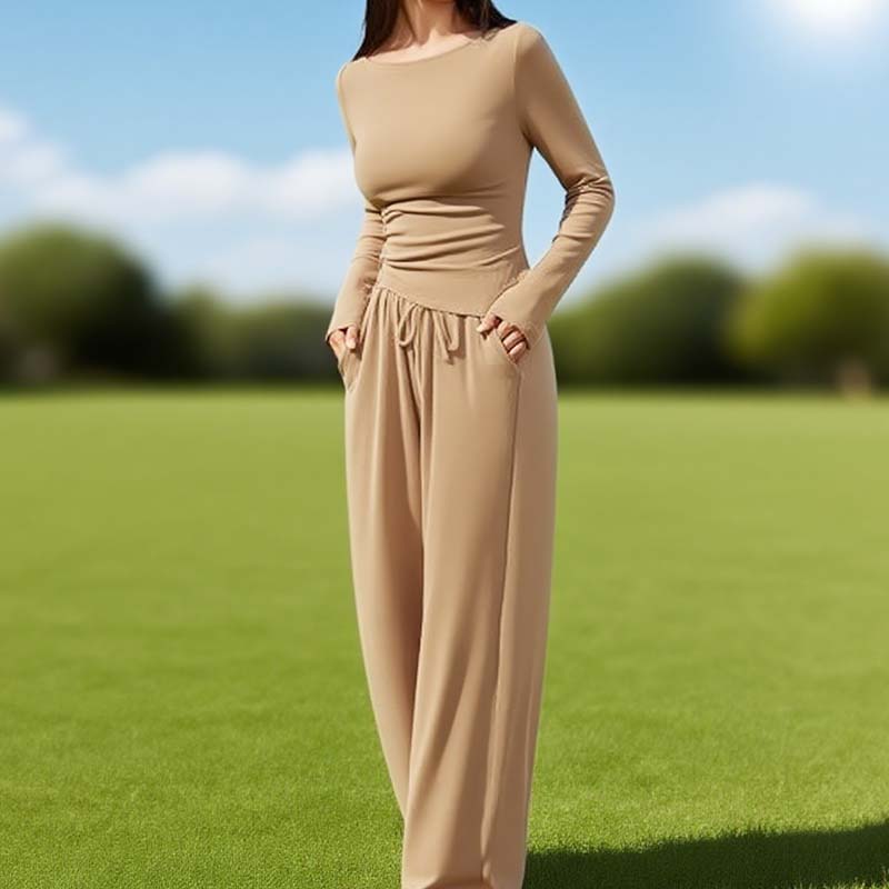 Asymmetrisches Langarmshirt & Hose mit weitem Bein – Zweiteiler