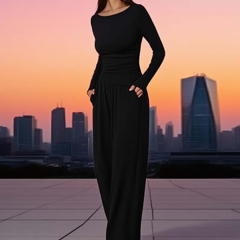 Asymmetrisches Langarmshirt & Hose mit weitem Bein – Zweiteiler