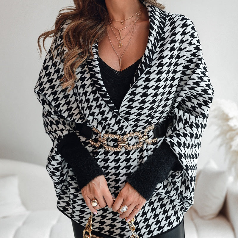 🎁Herbst 2025 Sale✨🖤Damen Poncho mit offener Vorderseite im Hahnentritt-Muster