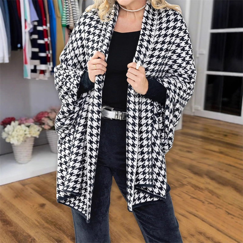 🎁Herbst 2025 Sale✨🖤Damen Poncho mit offener Vorderseite im Hahnentritt-Muster
