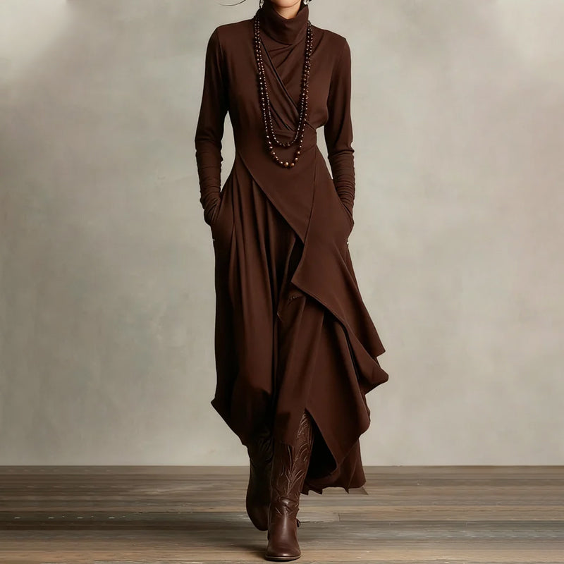 Damen elegantes Maxikleid mit hohem Kragen und asymmetrischer Drapierung
