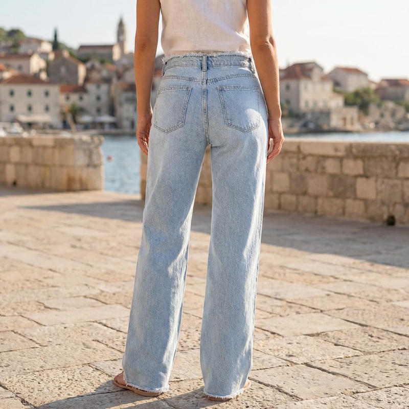🔥Solange der Vorrat reicht 50 % Rabatt!🎉High-Waist Jeans mit weitem Bein und ausgefranstem Saum