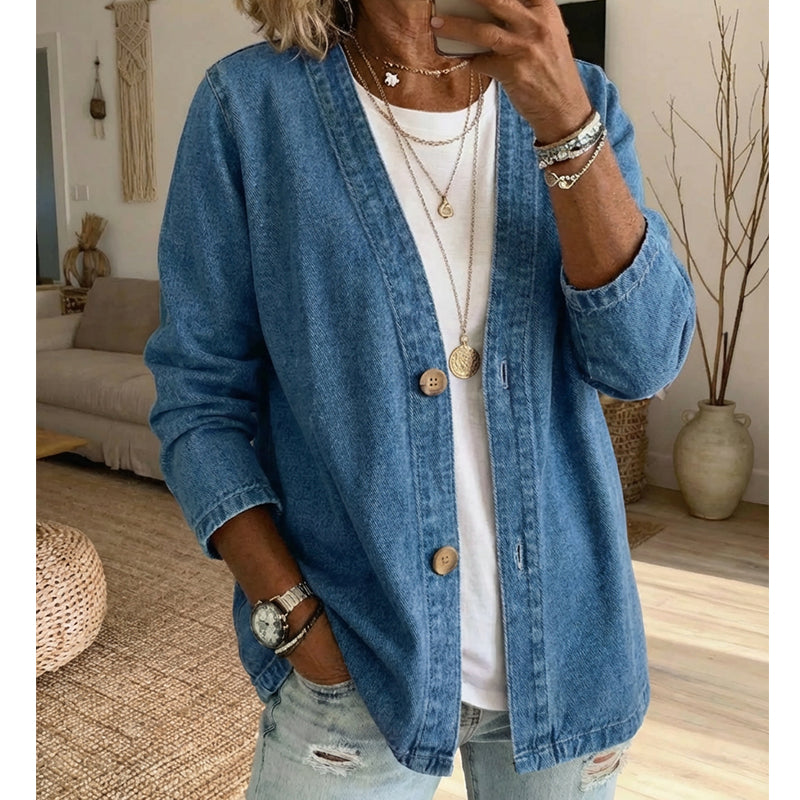 🌸⏳ 3 TAGE: 50% RABATT! Klassische Damen-Jeansjacke – V-Ausschnitt, Knopfleiste & Lockerer Casual-Schnitt ✨🧥