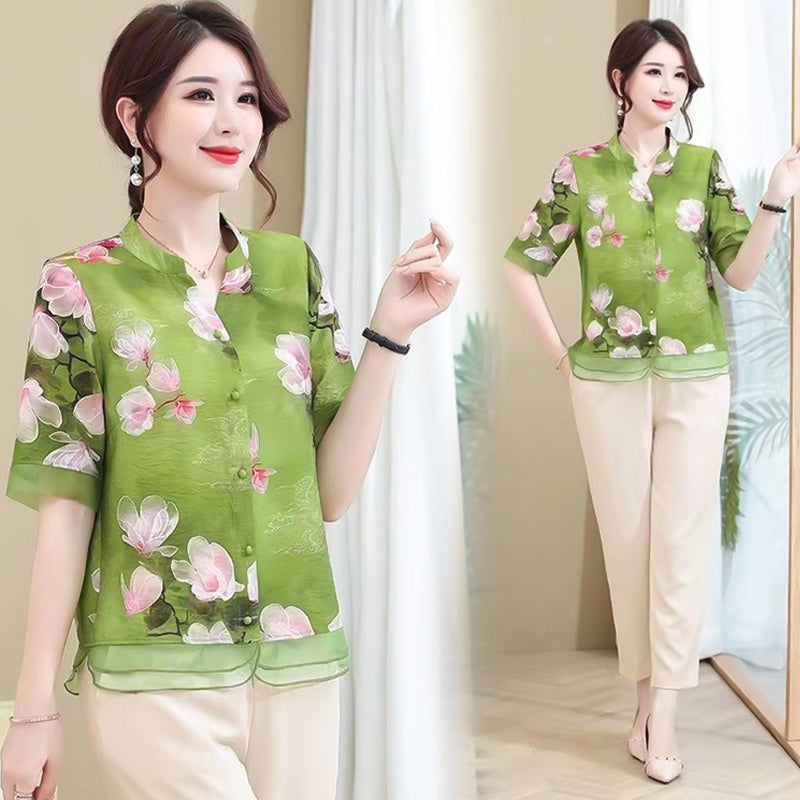Women's Summer Atmungsaktiv Floral Kurzarm & Hose Anzug